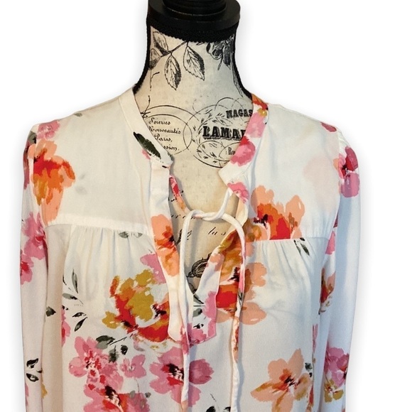 LOFT Floral Print Top Tie Front White Size M - Picture 4 of 9